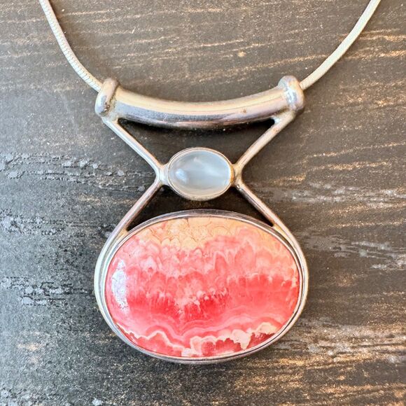 Sterling Silver Sajen Rhodochrosite Moonstone Slide Pendant Snake Chain Necklace - Picture 3 of 16
